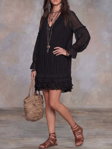 1785910 A-Line Long Sleeves Layered See-Through Solid Color V-Neck Mini Dresses