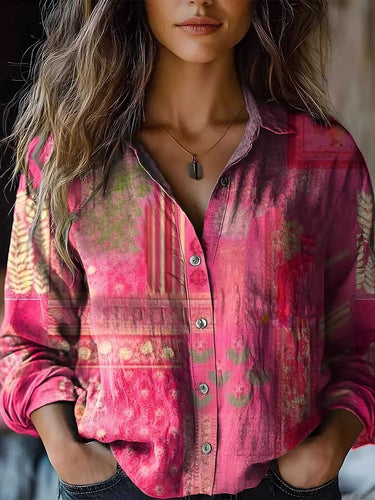 1752312 Long Sleeves Loose Buttoned Contrast Color Printed Split-Joint Lapel Blouses&Shirts Tops