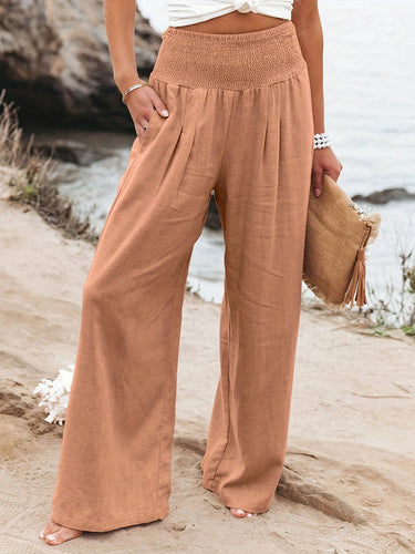 1739542 Elasticated Waist High Waisted Pleated Pockets Solid Color Split-Joint Pants