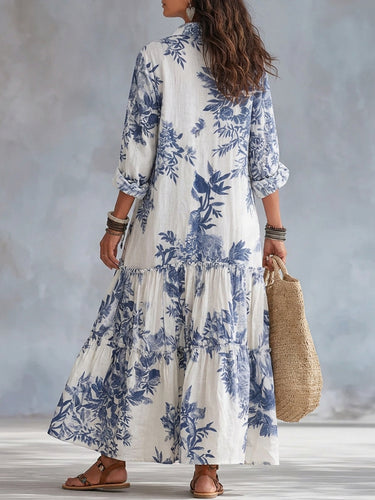 1781492 Long Sleeves Loose Buttoned Contrast Color Leaves Print Pleated Split-Joint Lapel Maxi Dresses