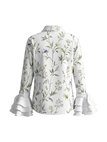1781338 Long Sleeves Ruffle Sleeves Buttoned Flower Print Lapel Blouses&Shirts Tops