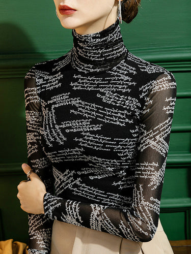 Maniche lunghe garza magra stampa t-shirt a collo alto