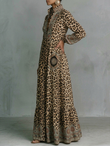1780596 A-Line High Waisted Buttoned Contrast Color Leopard Pockets Printed Split-Joint Stand Collar Maxi Dresses
