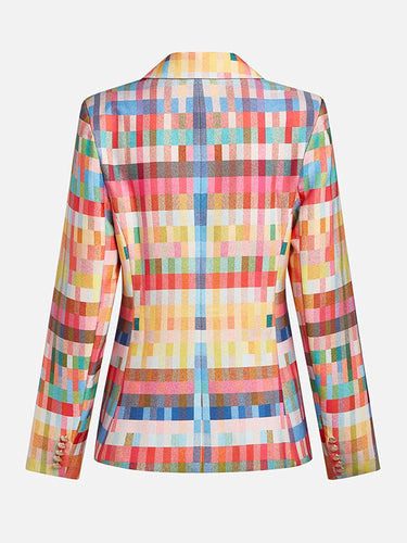 1690733 Balloon Sleeves Long Sleeves Buttoned Contrast Color Pockets Rainbow Plaid Notched Collar Blazer Outerwear