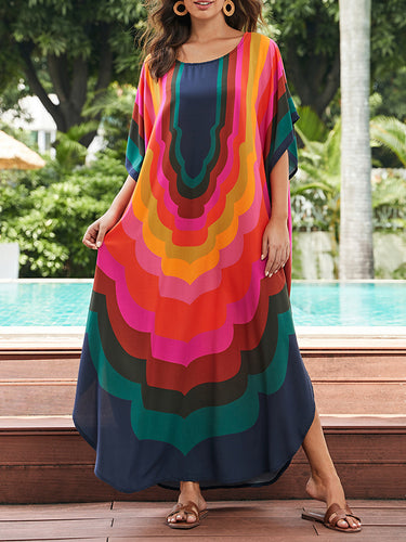 Mangas de batwing de contraste suelto de control de sol estampado solar vestidos maxi de cuello redondo