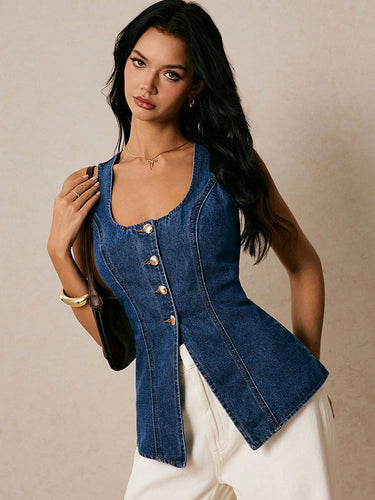 1759494 Sleeveless Buttoned Solid Color Tied Waist Square-Neck Vest Top