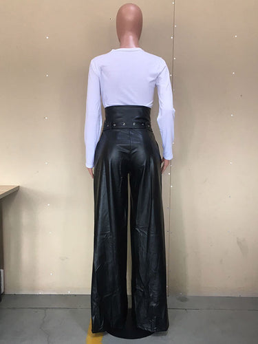 1418117 High Waisted Wide Leg Belted Solid Color Zipper Pants Trousers