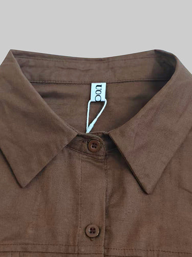 Loose Puff Sleeves Pleated Solid Color Split-Joint Lapel Maxi Dresses Shirt Dress