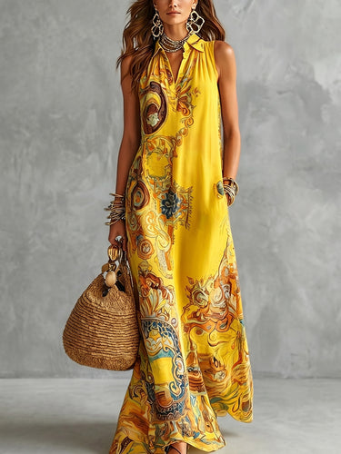 1779137 A-Line Loose Buttoned Contrast Color Pockets Printed Zipper Lapel Maxi Dresses Shirt Dress