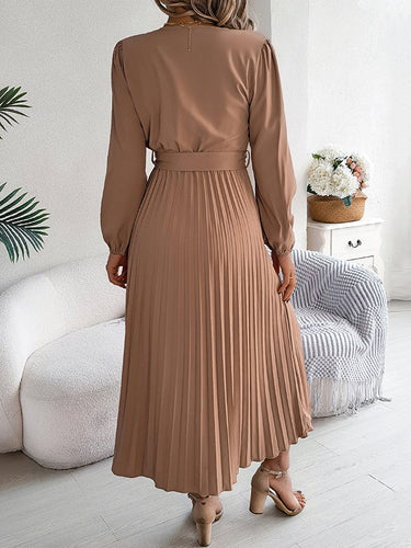 1713844 High Waisted Long Sleeves Belted Buttoned Pleated Solid Color V-Neck Maxi Dresses