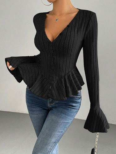 1737286 Flared Sleeves Long Sleeves Buttoned Ruffled Solid Color Split-Joint Deep V-Neck T-Shirts Tops