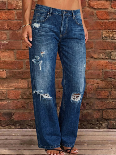 1781294 High Waisted Wide Leg Buttoned Hollow Pockets Split-Joint Jean Pants Bottoms