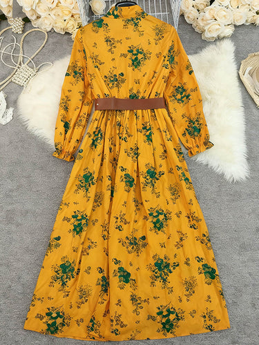 1740268 A-Line Elasticated Waist Belted Buttoned Contrast Color Flower Print Pleated Split-Joint Lapel Maxi Dresses Shirt Dress