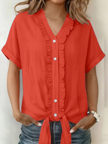 1774781 Loose Short Sleeves Buttoned Knot Ruffle Trim Solid Color V-Neck Blouses&Shirts Tops