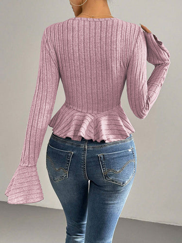 1737276 Flared Sleeves Long Sleeves Buttoned Ruffled Solid Color Split-Joint Deep V-Neck T-Shirts Tops