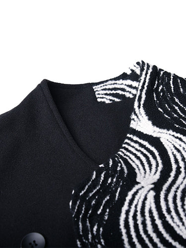 1720704 Long Sleeves Loose Buttoned Contrast Color Pockets Stand Collar Woolen Coat