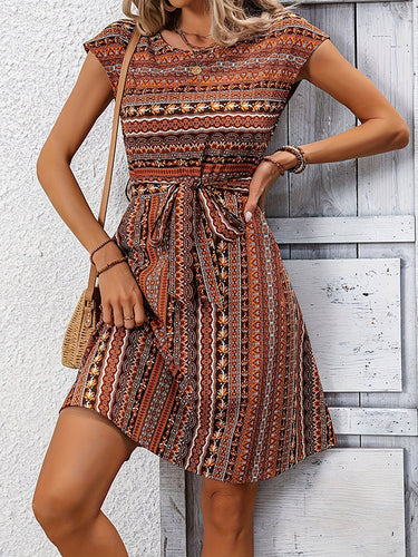 A-Line Loose Contrast Color Tied Waist Round-Neck Mini Dresses