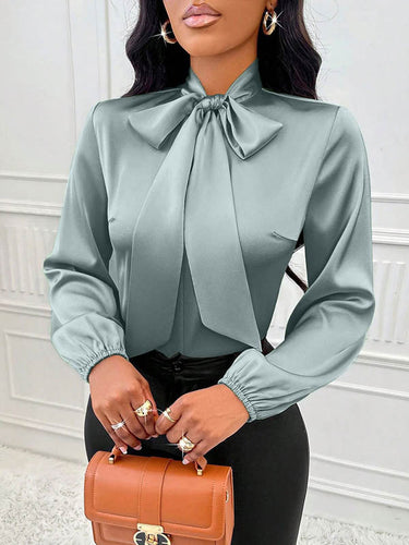 1729154 Long Sleeves Loose Bow-Embellished Pleated Solid Color Split-Joint Scarf Collar Blouses&Shirts Tops