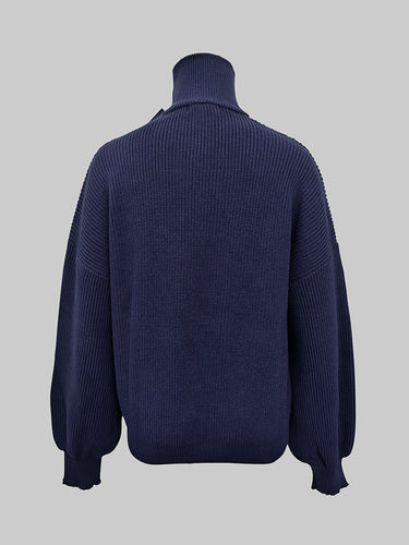 Loose Puff Sleeves Bowknot Solid Color Split-Joint High Neck Sweater Tops