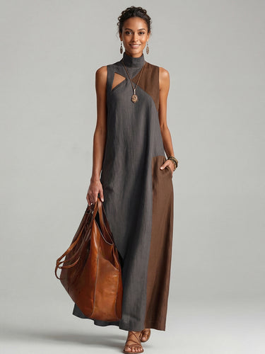 Loose Sleeveless Asymmetric Contrast Color Pockets Split-Joint Mock Neck Maxi Dresses