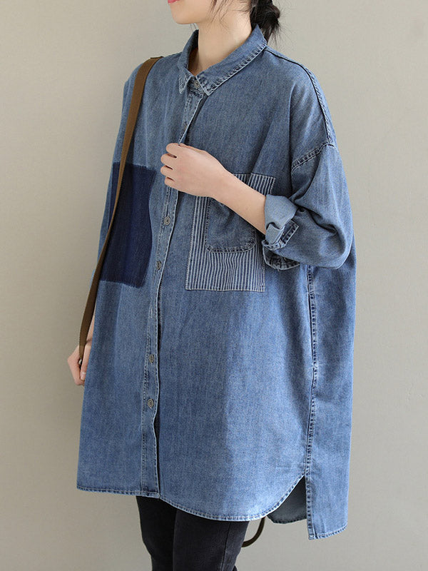 Long Sleeves Loose Buttoned Fringed Plaid Pockets Split-Joint Notched Collar Denim Outerwear