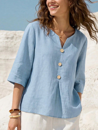 1761417 Loose Three-Quarter Sleeves Buttoned Solid Color V-Neck Blouses&Shirts Tops