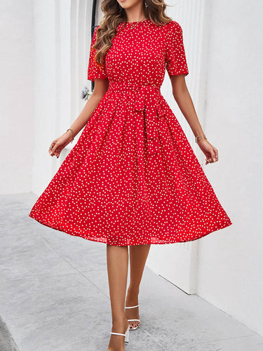 1746080 A-Line Elasticated Waist Contrast Color Polka Dot Split-Joint Tied Waist Round-Neck Midi Dresses