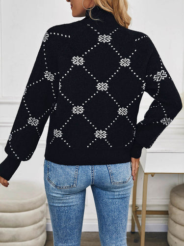 1738695 Long Sleeves Loose Contrast Color Flower Print Geometric Split-Joint Half Turtleneck Sweater Tops