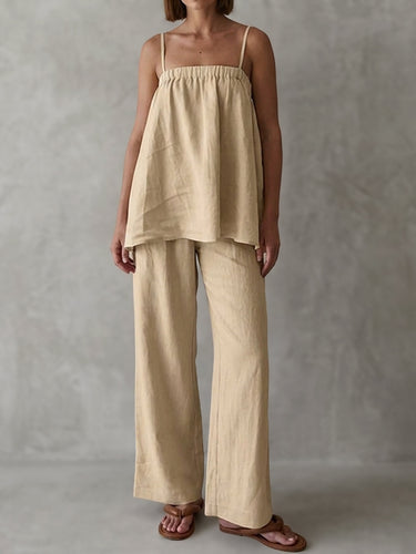 Hoog getailleerde losse elasticiteit effen kleur spaghetti-hals vest top + broek bodempakken