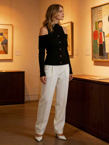 Long Sleeves Skinny Buttoned Pleated Ribbed Knit Cold Shoulder Knit Top