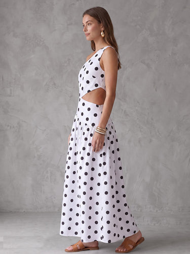 1788115 Split-Joint Polka Dot Contrast Color Backless Sleeveless Irregularity One-shoulder Maxi Dresses