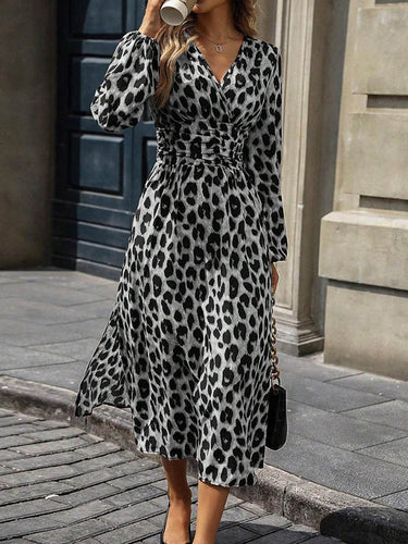 1728956 Elasticated Waist High Waisted Contrast Color Leopard Pleated Split-Joint V-Neck Maxi Dresses