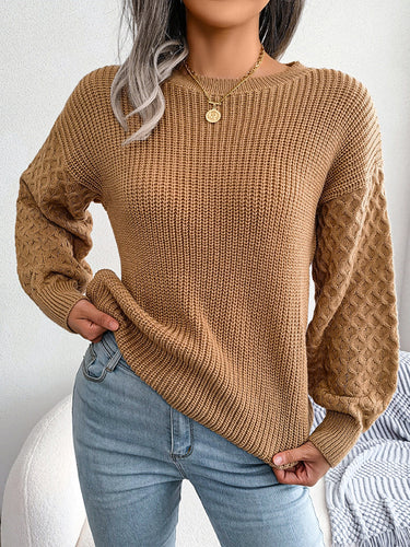 1713781 Long Sleeves Loose Cable Knit Solid Color Round-Neck Sweater Tops
