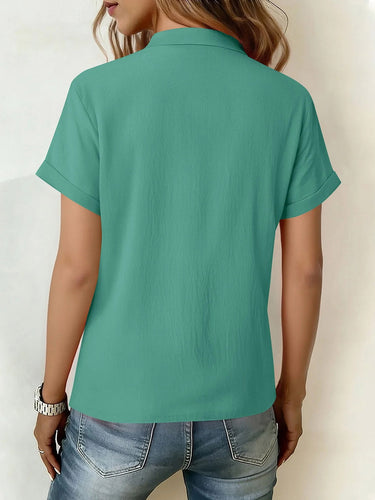 1774783 Loose Short Sleeves Buttoned Knot Ruffle Trim Solid Color V-Neck Blouses&Shirts Tops