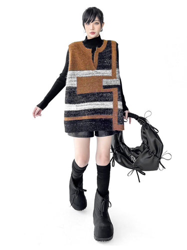 1734805 Loose Sleeveless Contrast Color Geometric Split-Joint Striped V-Neck Outerwear Vest Top