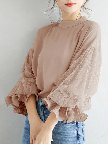 Semplice camicia in chiffon a maglie a soffitta a colori solidi