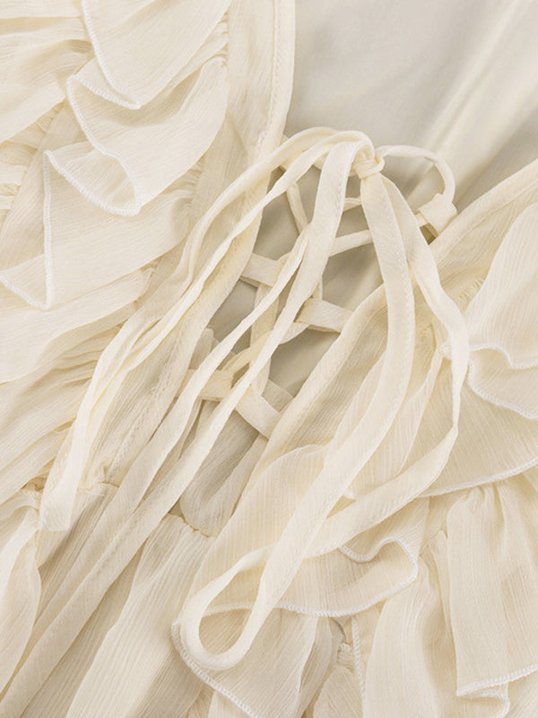 A-Line Long Sleeves Ruffled Solid Color V-Neck Mini Dresses