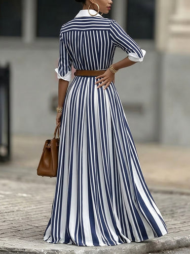 1781526 A-Line Loose Buttoned Contrast Color No Belt Striped Lapel Maxi Dresses