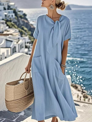 1785363 Loose Plus Size Asymmetric Knot Pockets Solid Color Bow Collar Maxi Dresses