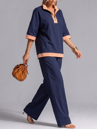 1789592 Half Sleeves Contrast Color Zipper V-neck Blouses&shirts Tops + High Waisted Pants Trousers Two Pieces Set