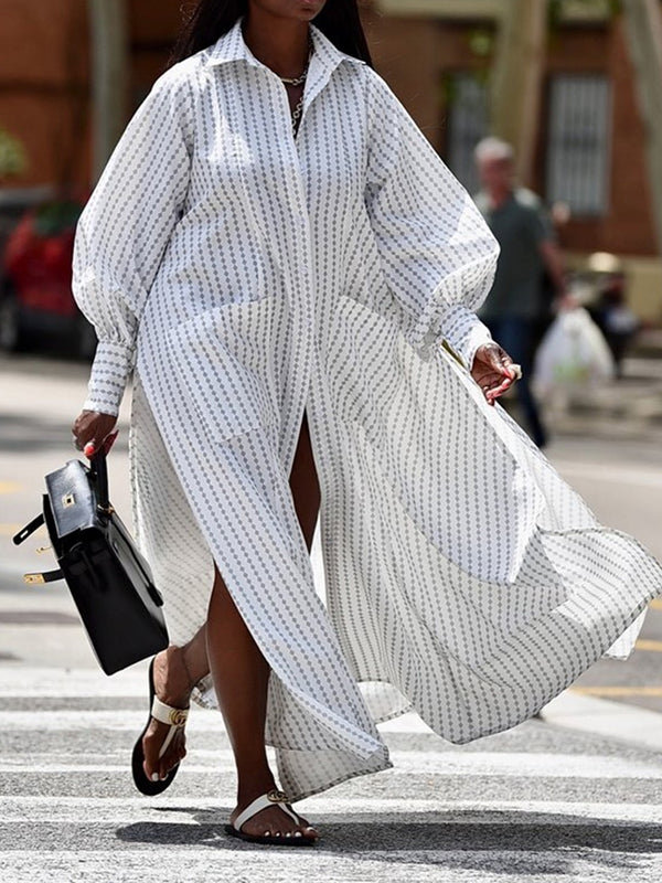 Buttoned Striped Cap Sleeve Loose Lapel Shirt Dress Maxi Dresses