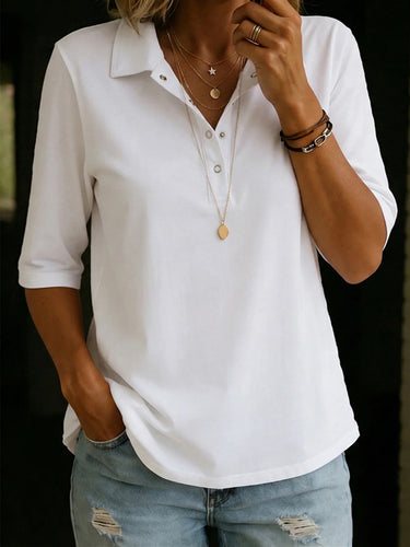 1775239 Half Sleeves Loose Buttoned Solid Color Lapel Blouses&Shirts Tops