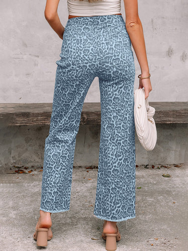 1776940 Bas de pantalon en jean taille haute avec poches léopard