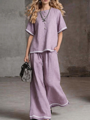 1776553 Loose Short Sleeves Buttoned Pockets Solid Color Round-Neck Blouses Top + Pants Bottom Two Pieces Set