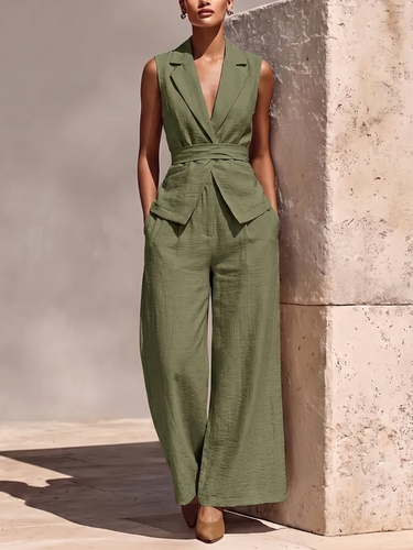 1789040 Solid Color Notched Collar Tied Sleeveless Vest Top + High Waisted Pockets Pants Trousers Two Pieces Set