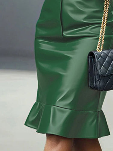 Bodycon Long Sleeves Buttoned Elasticity Ruffle Trim Solid Color Split-Joint Lapel Midi Dresses