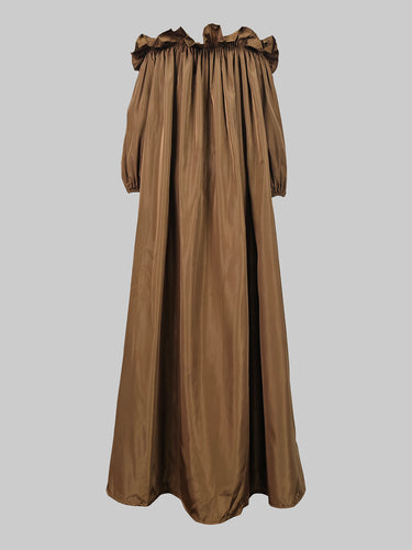 1613207 Loose Puff Sleeves Falbala Pleated Solid Color Off-The-Shoulder Maxi Dresses