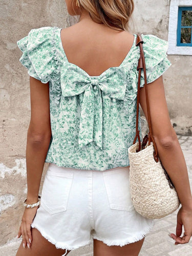 1777314 Blusa a maniche corte, senza schienale, con stampa floreale e fiocco sulla schiena, plissettata e scollo quadrato.&Stop