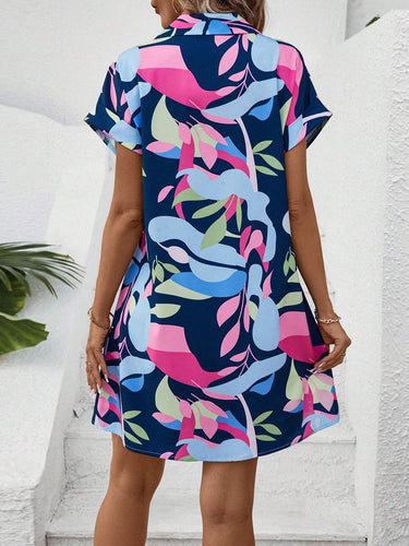 1780319 Short Sleeves Buttoned Contrast Color Printed Lapel Mini Dresses Shirt Dress