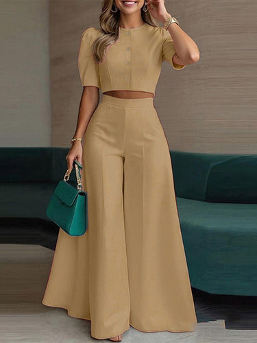 1783676 High Waisted Loose Buttoned Solid Color Round-Neck Blouses Top + Pants Bottom Two Pieces Set